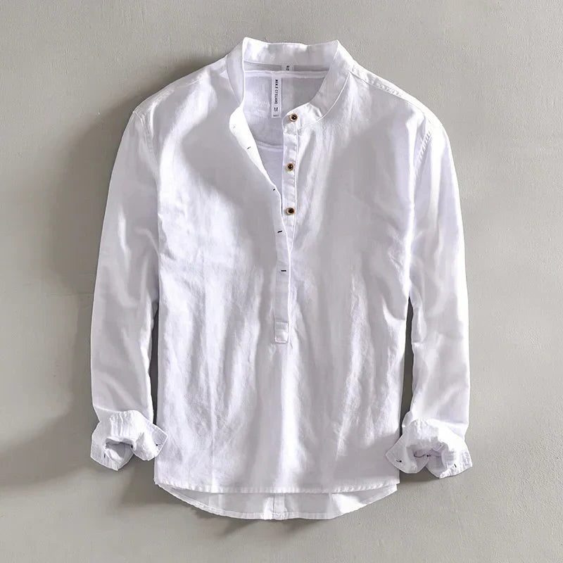Linen Stand Collar Shirt for Men - White