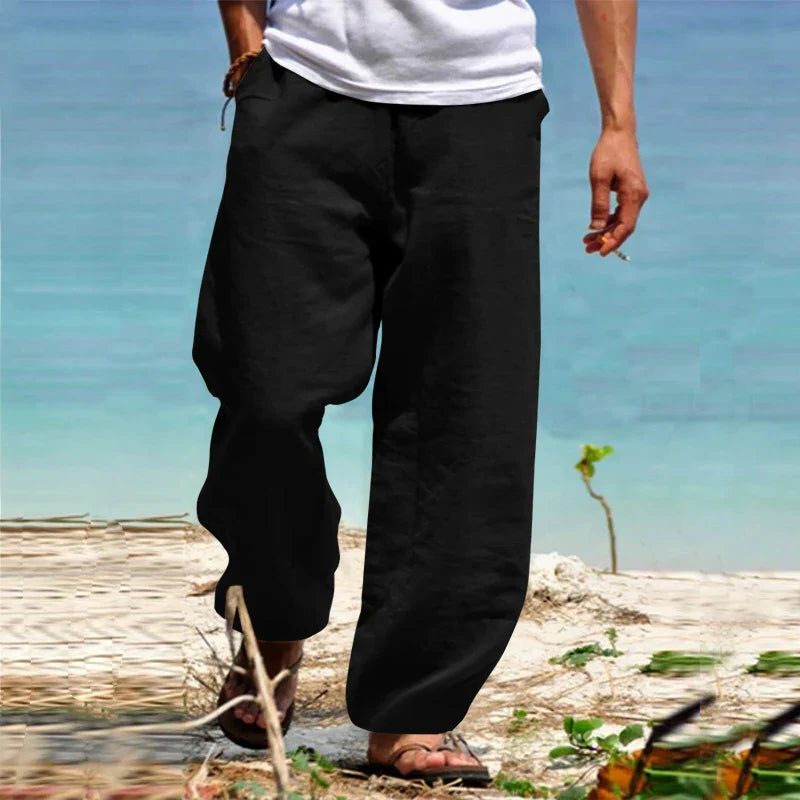 Linen Straight Leg Trousers for Men - Black