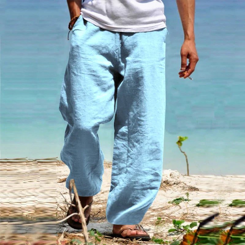 Linen Straight Leg Trousers for Men - Blue