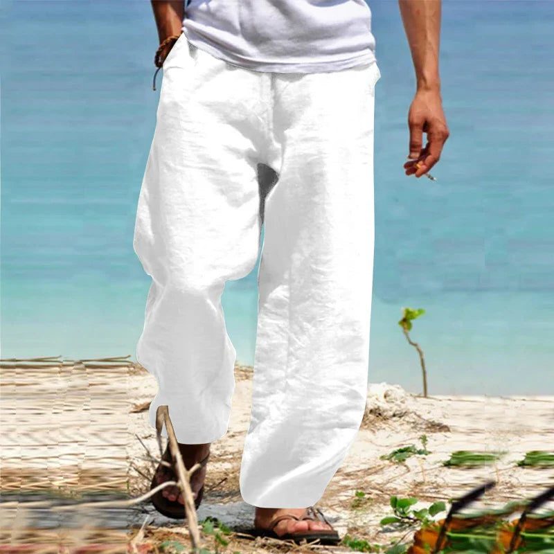 Linen Straight Leg Trousers for Men - White