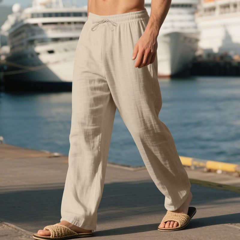 Linen Straight Leg Trousers with Drawstring for Men - Khaki