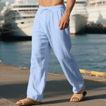 Linen Straight Leg Trousers with Drawstring for Men - Light Blue