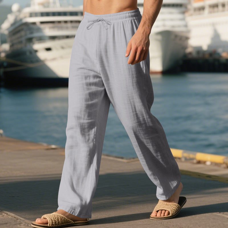 Linen Straight Leg Trousers with Drawstring for Men - Gray