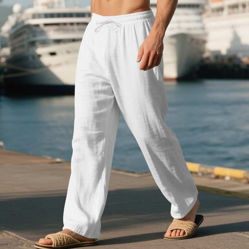 Linen Straight Leg Trousers with Drawstring for Men - White