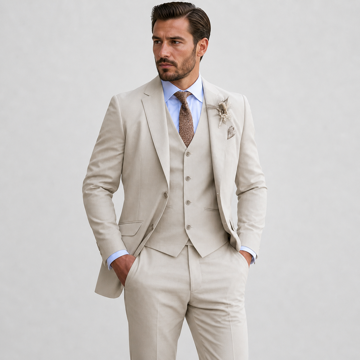 Linen Three-Piece Suit with Waistcoat for Men