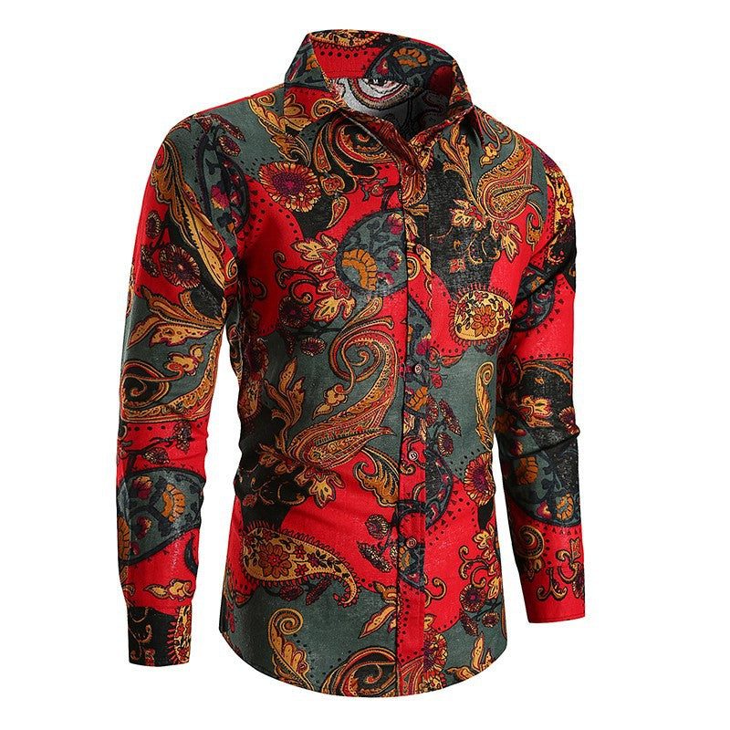 Long Sleeve Button-Down Paisley Shirt for Men - Red