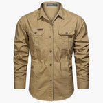 Long Sleeve Button-Down Shirt with Chest Pockets for Men - Khaki