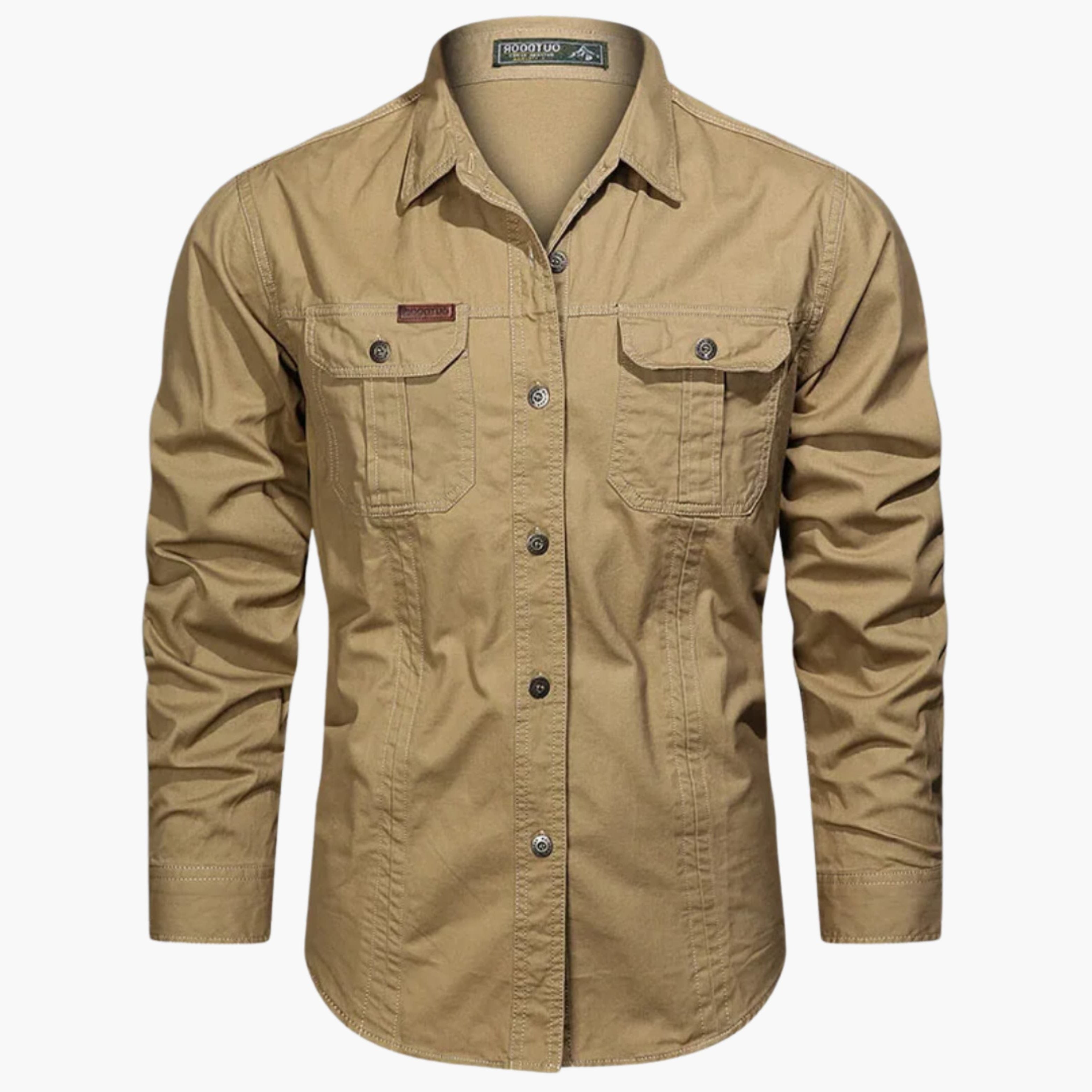 Long Sleeve Button-Down Shirt with Chest Pockets for Men - Khaki