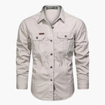 Long Sleeve Button-Down Shirt with Chest Pockets for Men - Beige