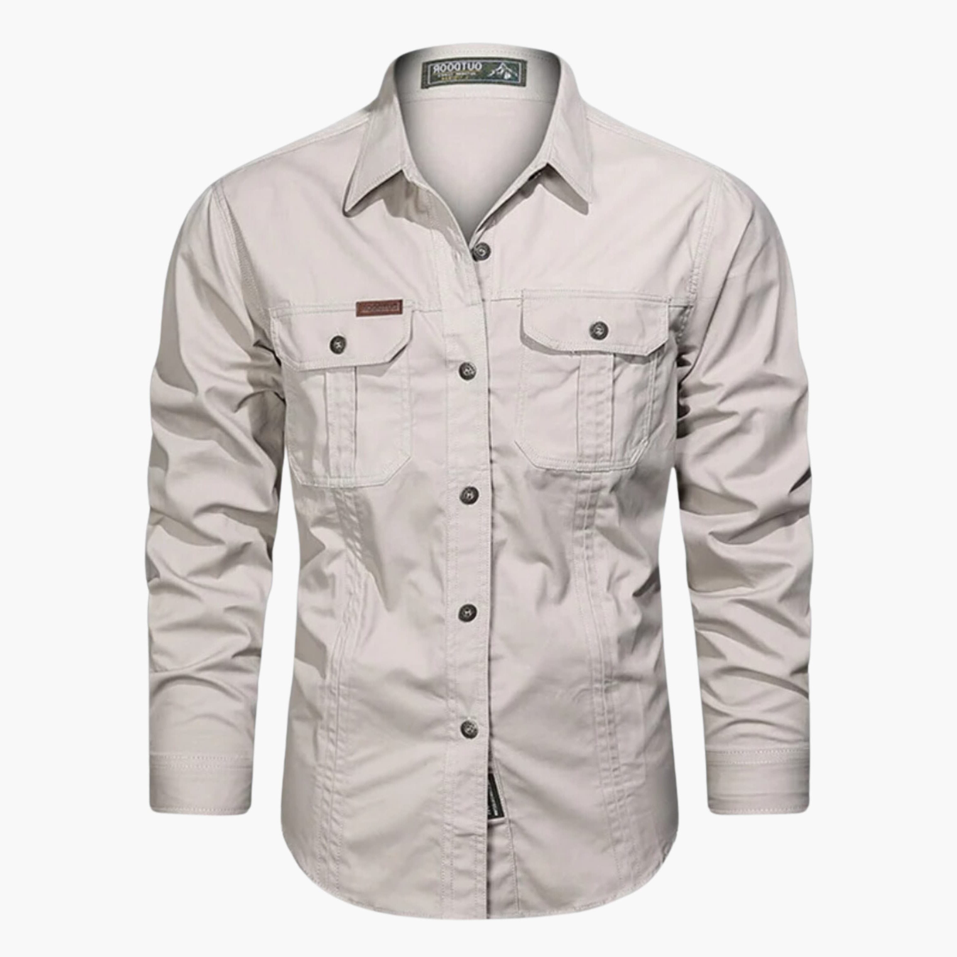 Long Sleeve Button-Down Shirt with Chest Pockets for Men - Beige