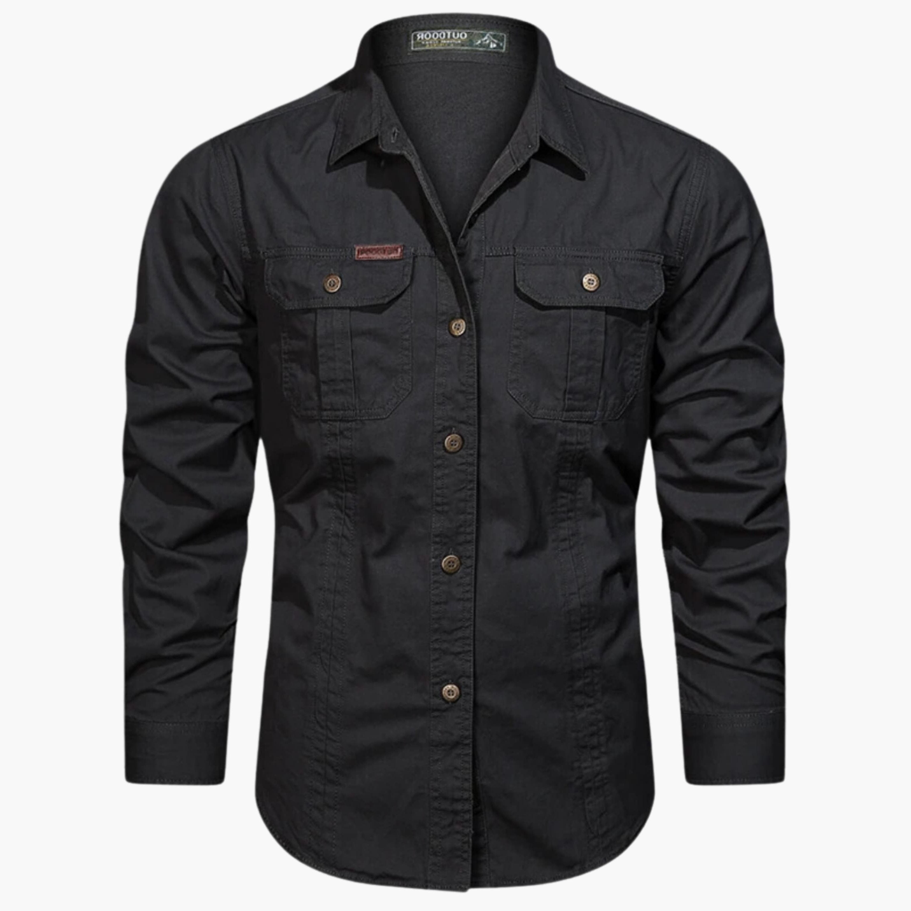 Long Sleeve Button-Down Shirt with Chest Pockets for Men - Black