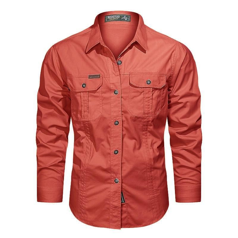 Long Sleeve Button-Down Shirt with Chest Pockets for Men - Red