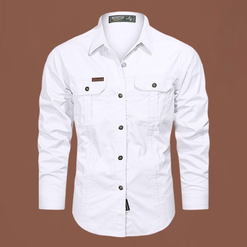 Long Sleeve Button-Down Shirt with Chest Pockets for Men - White