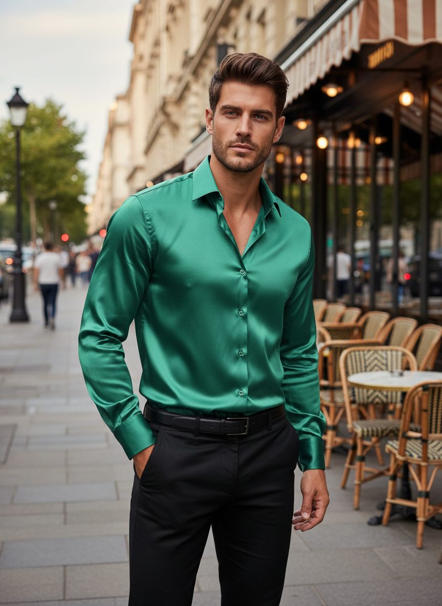 Long Sleeve Button-Down Silk Shirt for Men - Aqua Green