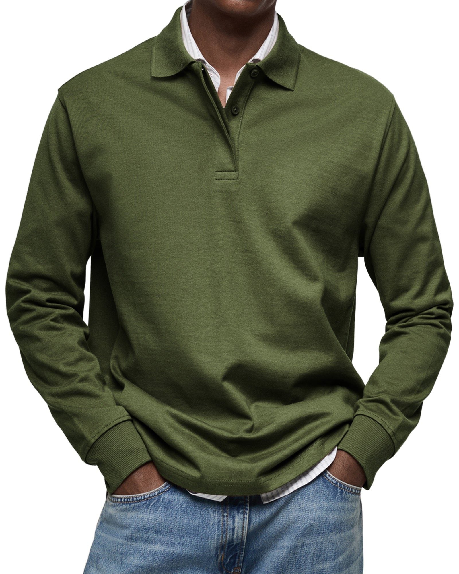 Long Sleeve Collared Polo Shirt for Men - Military Green