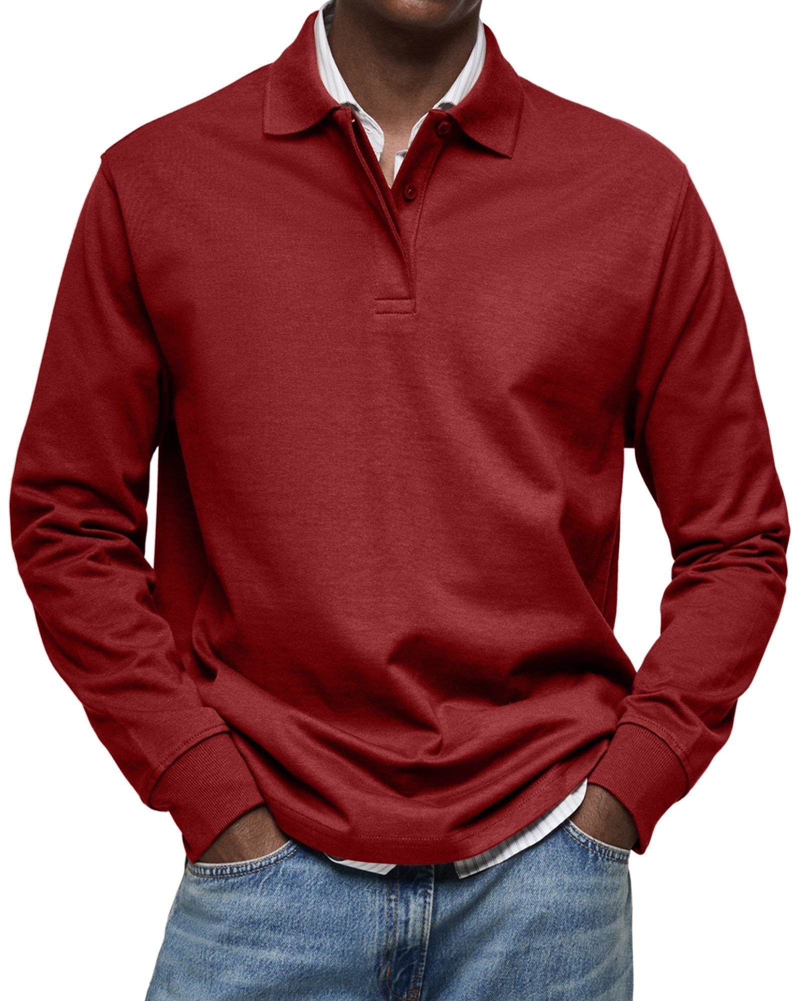 Long Sleeve Collared Polo Shirt for Men - Red