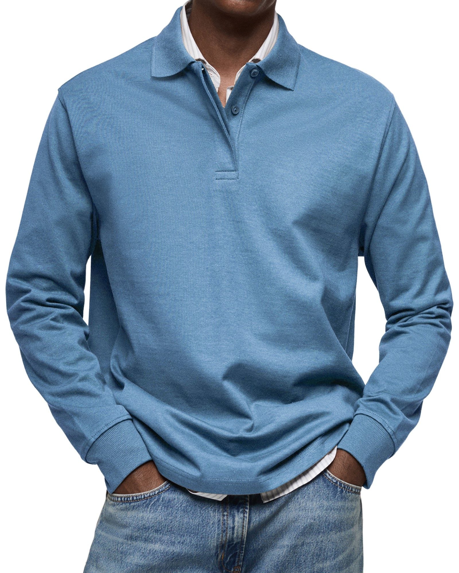 Long Sleeve Collared Polo Shirt for Men - Blue