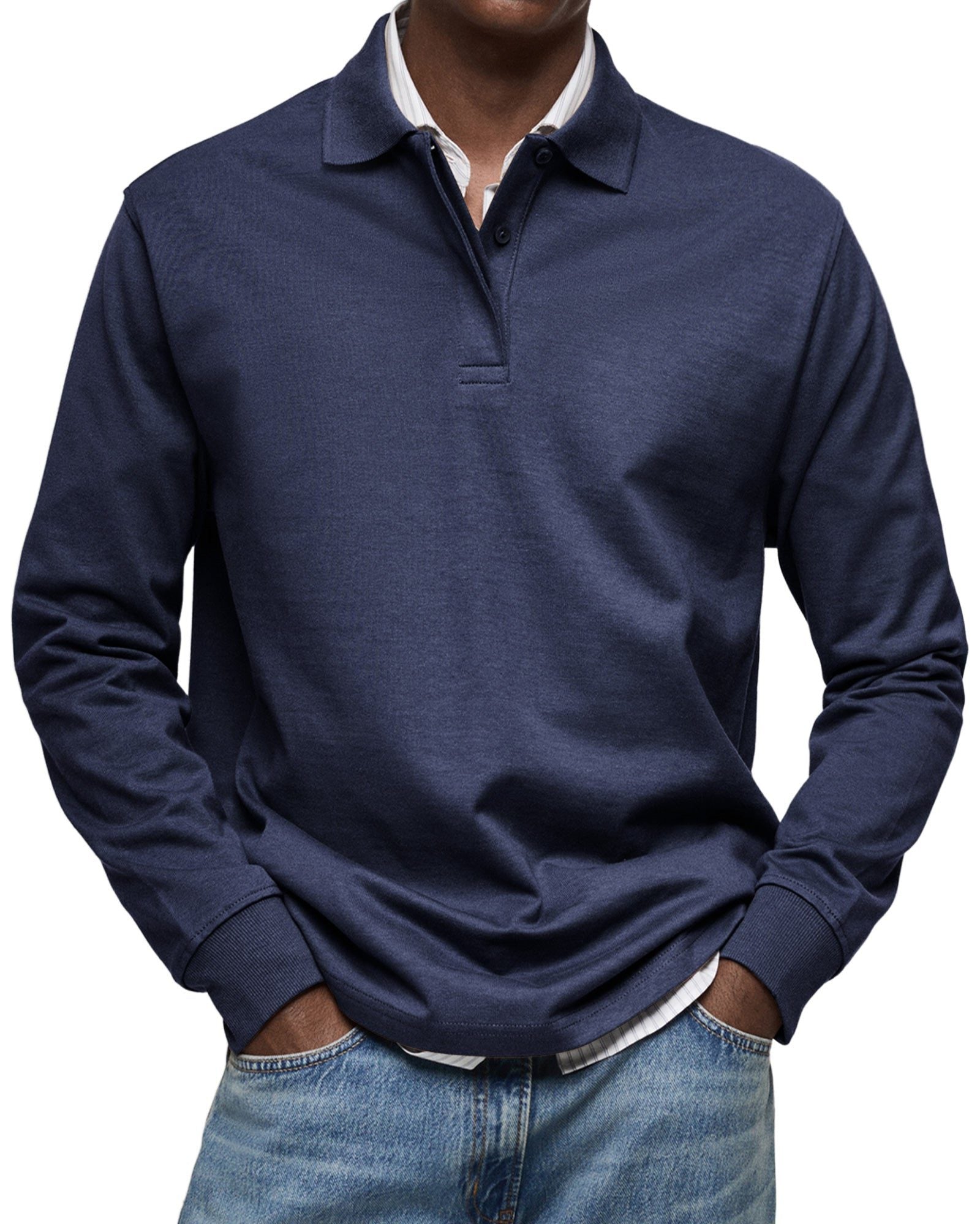 Long Sleeve Collared Polo Shirt for Men - Navy Blue