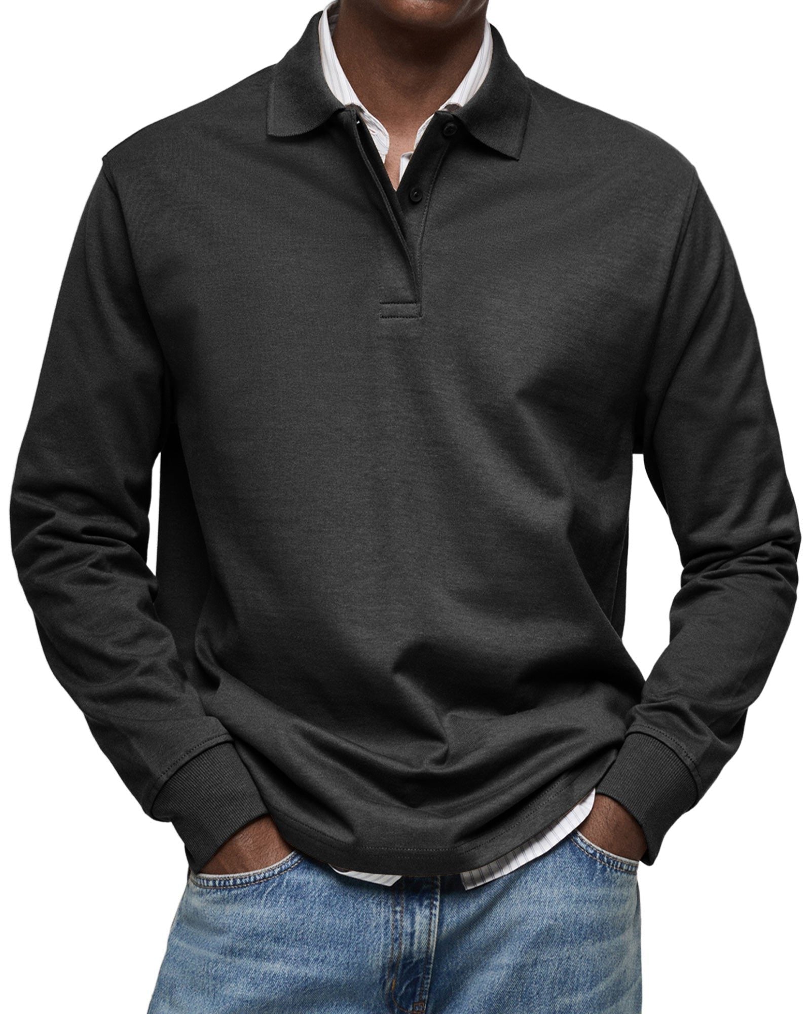 Long Sleeve Collared Polo Shirt for Men - Black