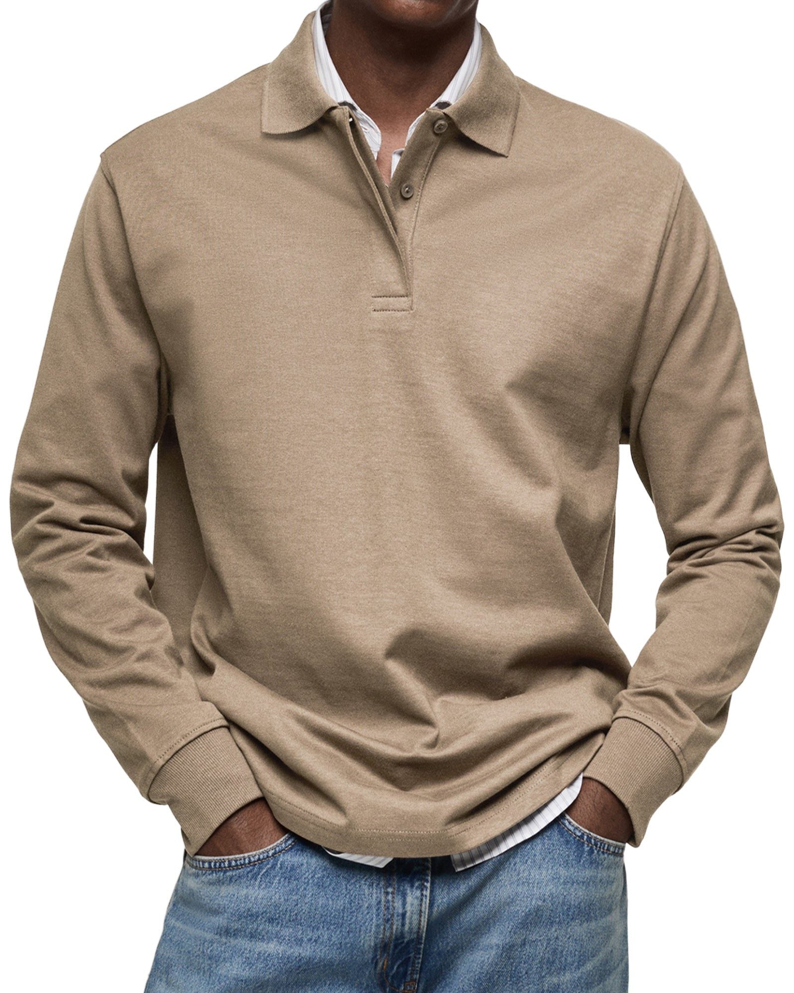 Long Sleeve Collared Polo Shirt for Men - Khaki