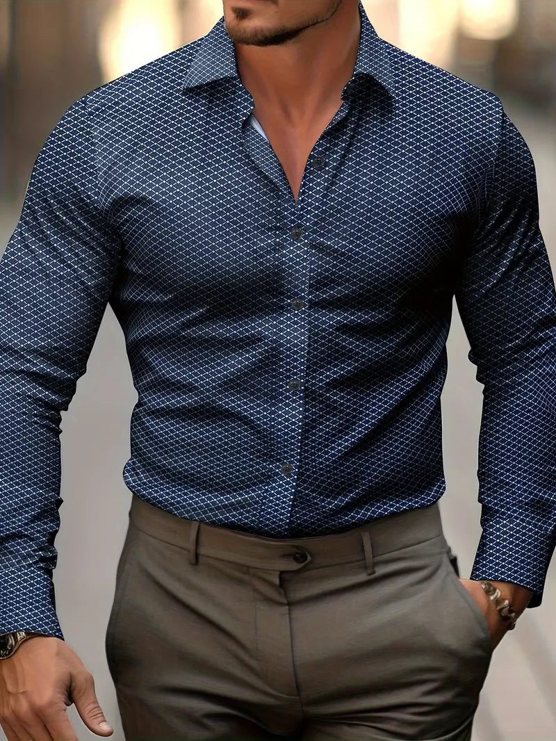 Long Sleeve Geometric Patterned Button-Down Shirt for Men