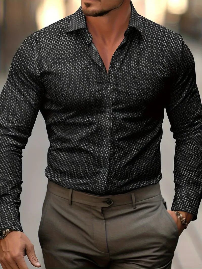 Long Sleeve Geometric Patterned Button-Down Shirt for Men - Black