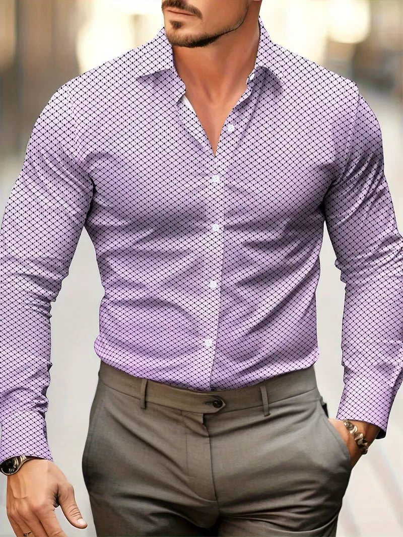 Long Sleeve Geometric Patterned Button-Down Shirt for Men - Pink