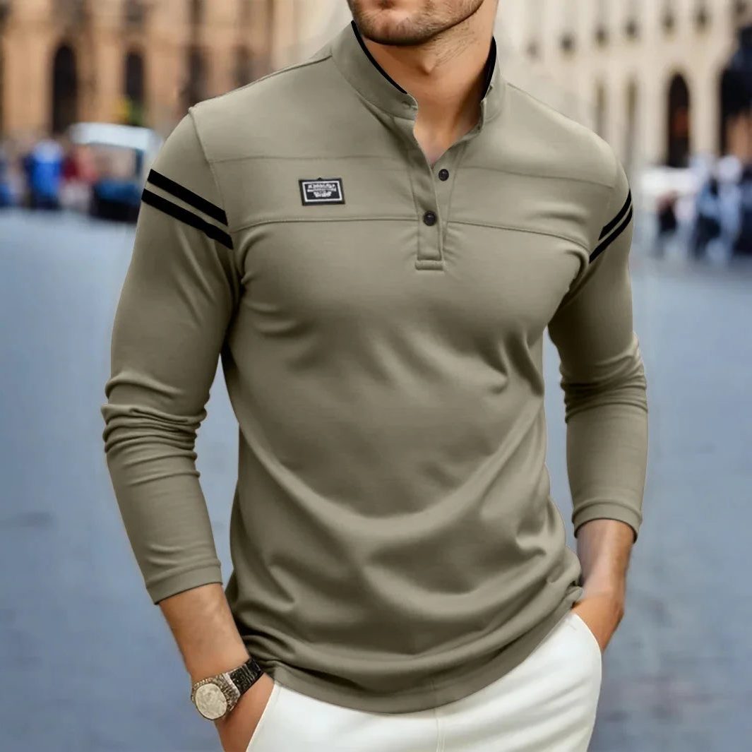 Long Sleeve Henley Polo Shirt for Men - Khaki