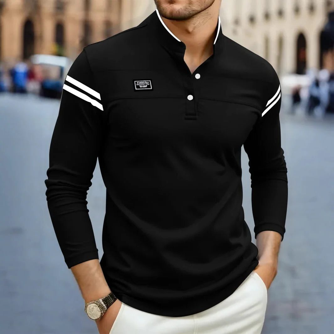 Long Sleeve Henley Polo Shirt for Men - Black