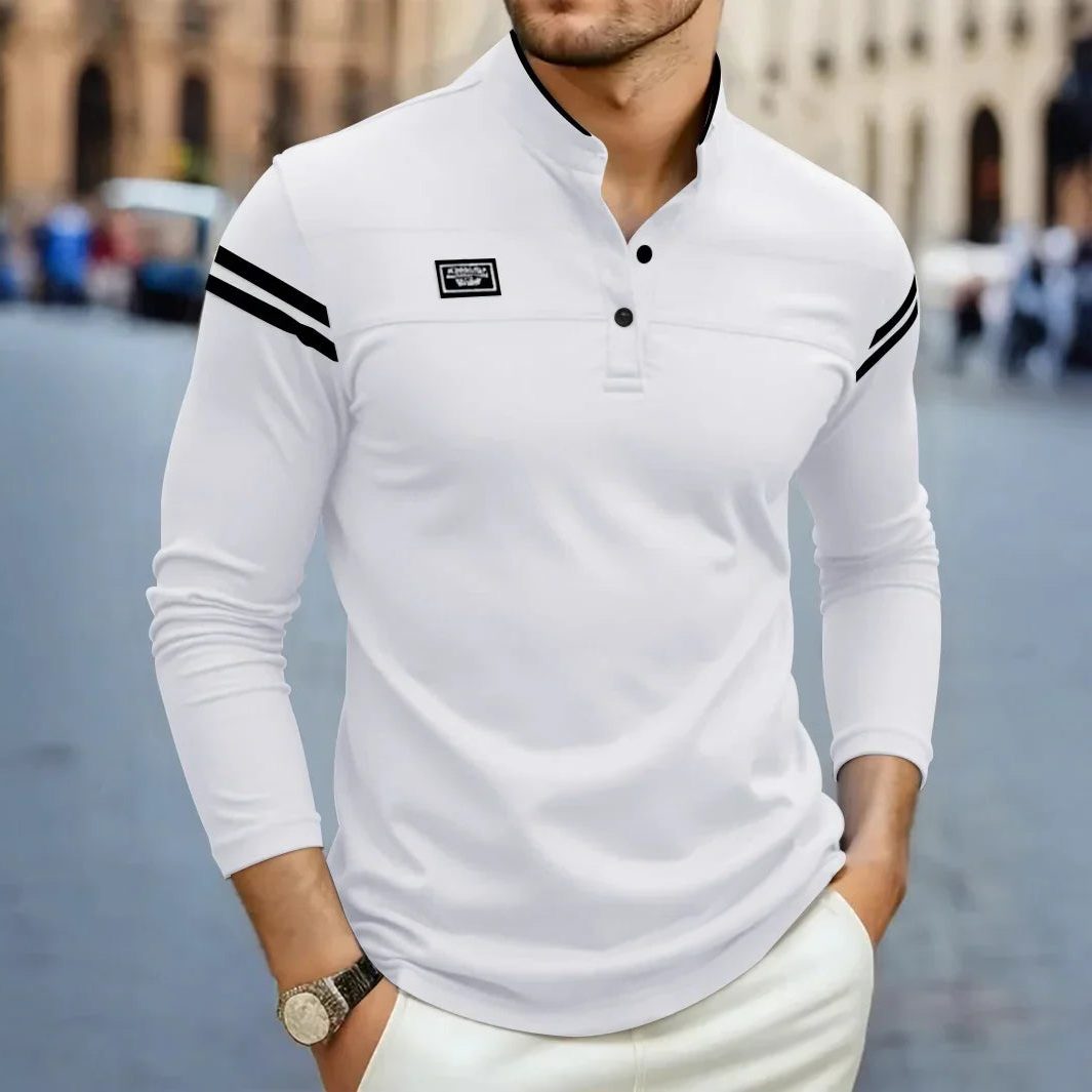 Long Sleeve Henley Polo Shirt for Men - White