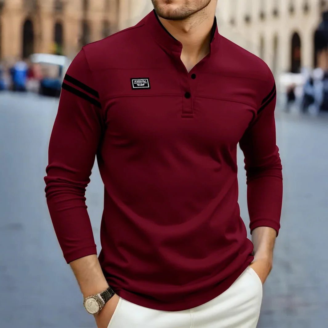 Long Sleeve Henley Polo Shirt for Men - Red