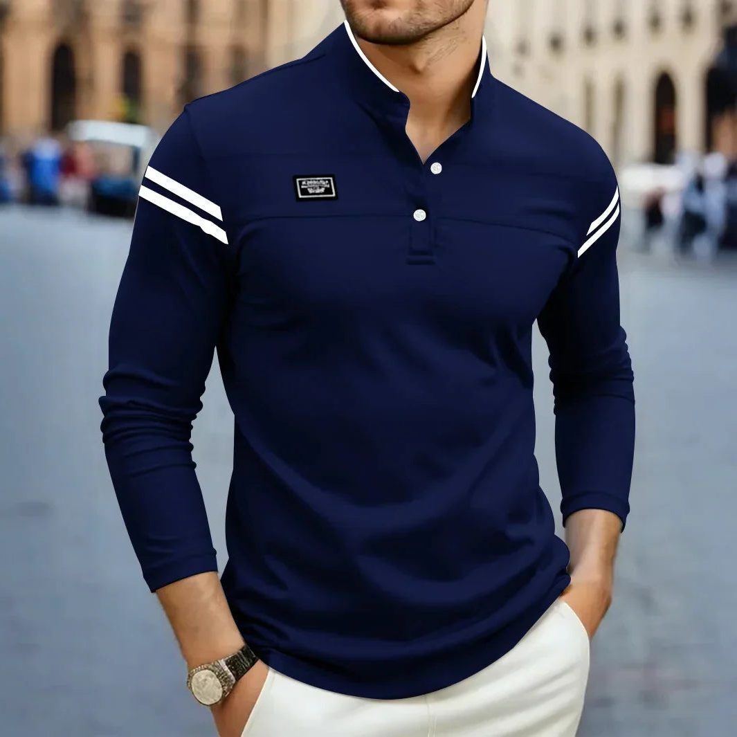 Long Sleeve Henley Polo Shirt for Men - Navy Blue