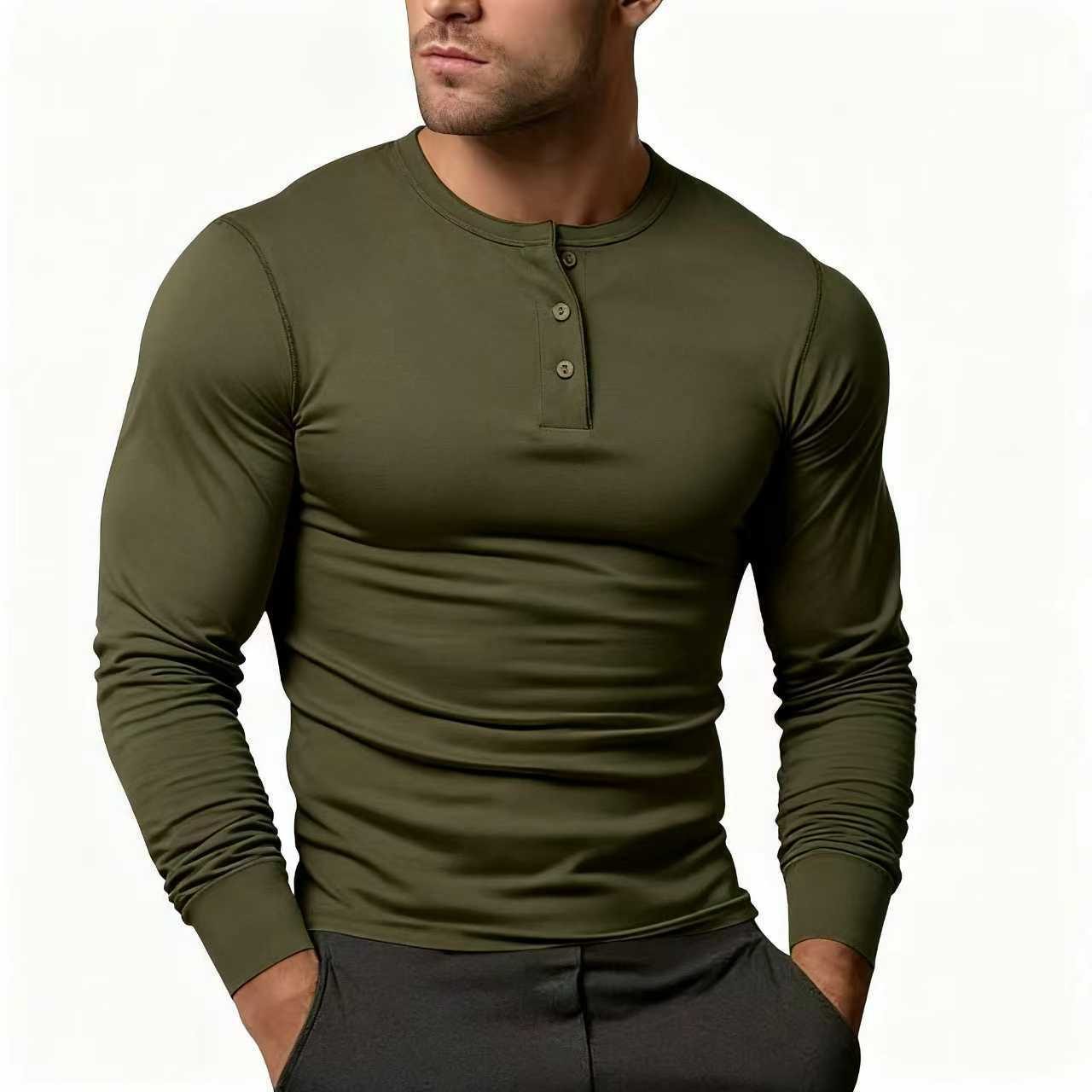 Long Sleeve Henley Shirt for Men - Olive Green