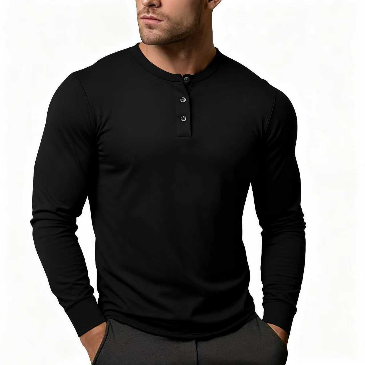 Long Sleeve Henley Shirt for Men - Black