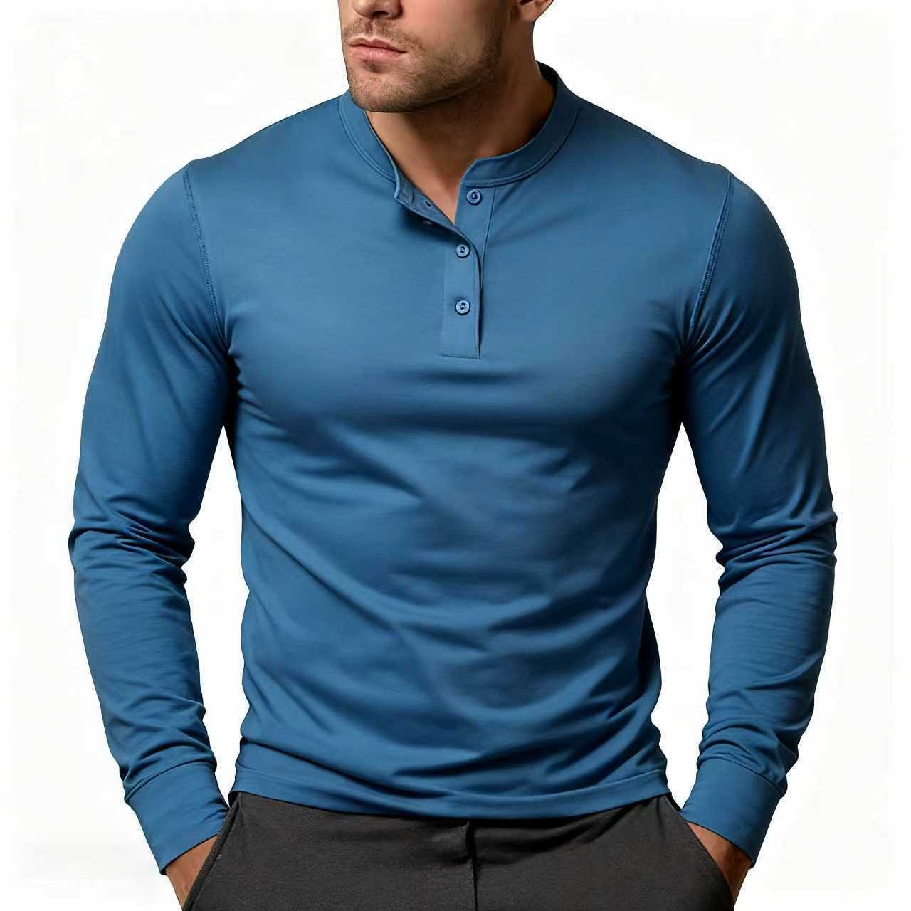 Long Sleeve Henley Shirt for Men - Denim Blue