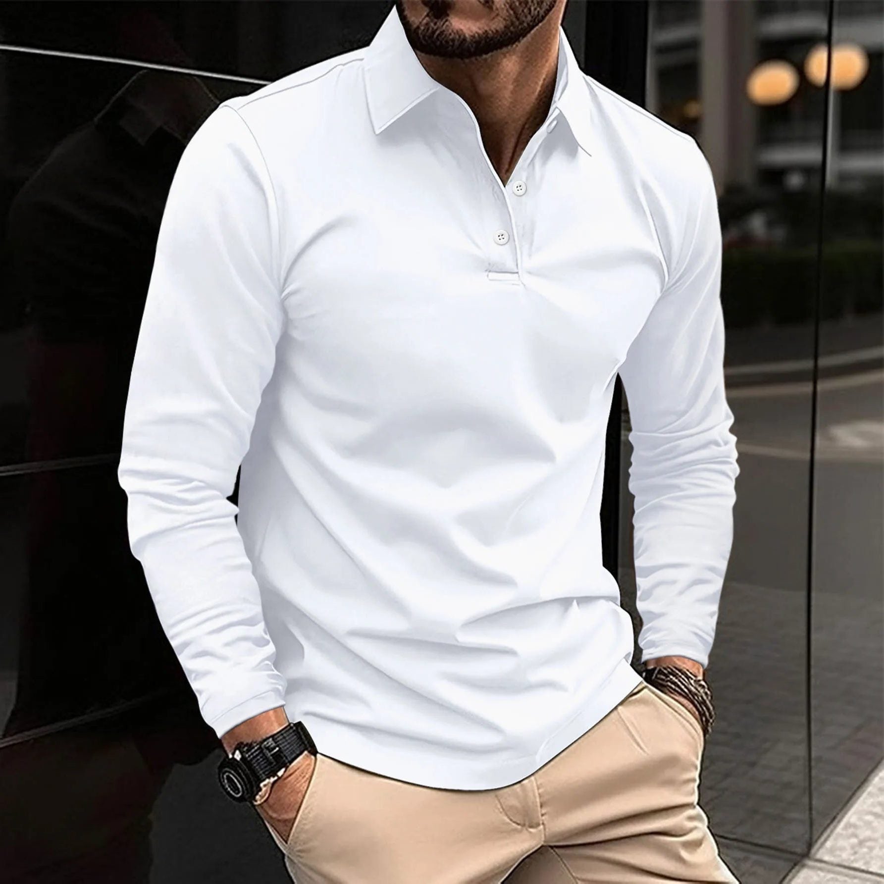 Long Sleeve Polo Shirt for Men - White