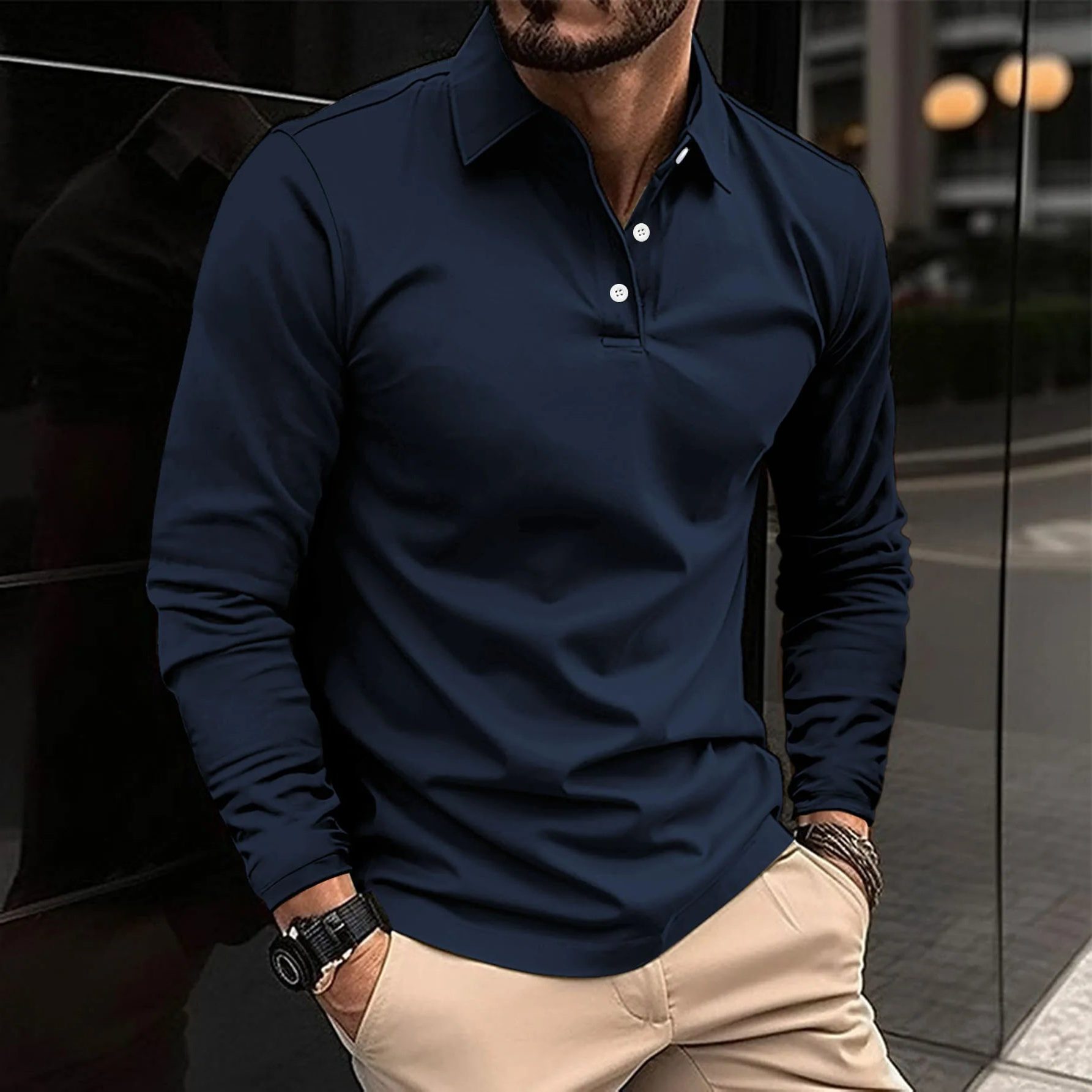 Long Sleeve Polo Shirt for Men - Navy Blue