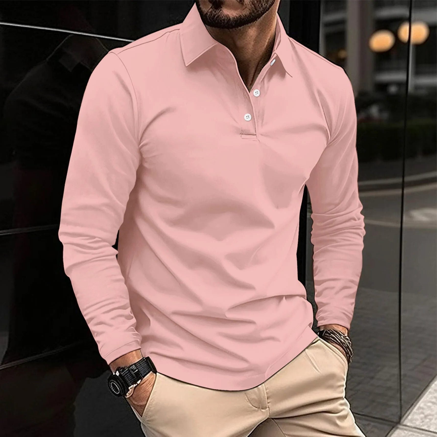 Long Sleeve Polo Shirt for Men - Pink