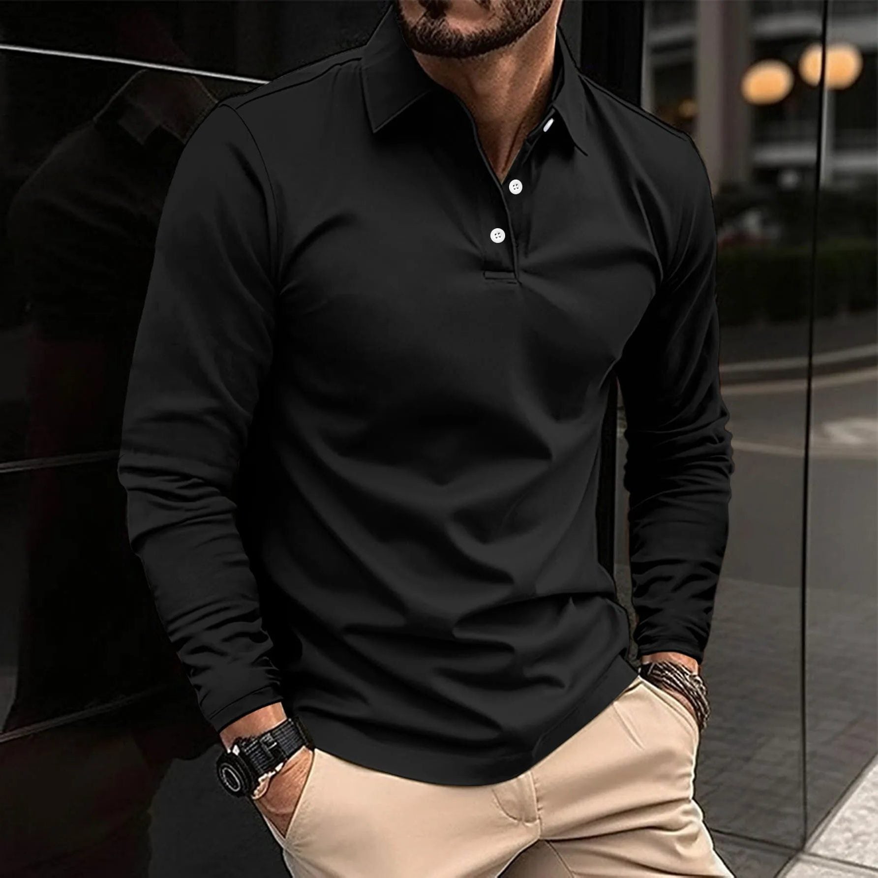 Long Sleeve Polo Shirt for Men - Black