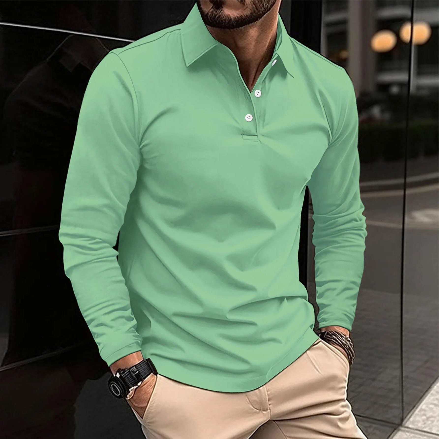 Long Sleeve Polo Shirt for Men - Green