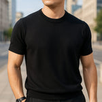 Crew Neck Short Sleeve Merino Cashmere Shirt for Men - Black
