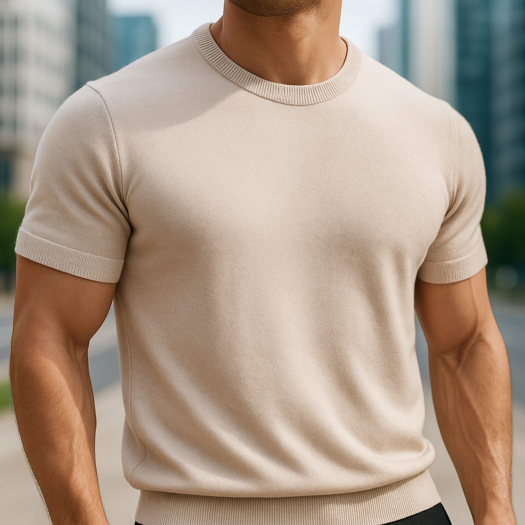 Crew Neck Short Sleeve Merino Cashmere Shirt for Men - Beige
