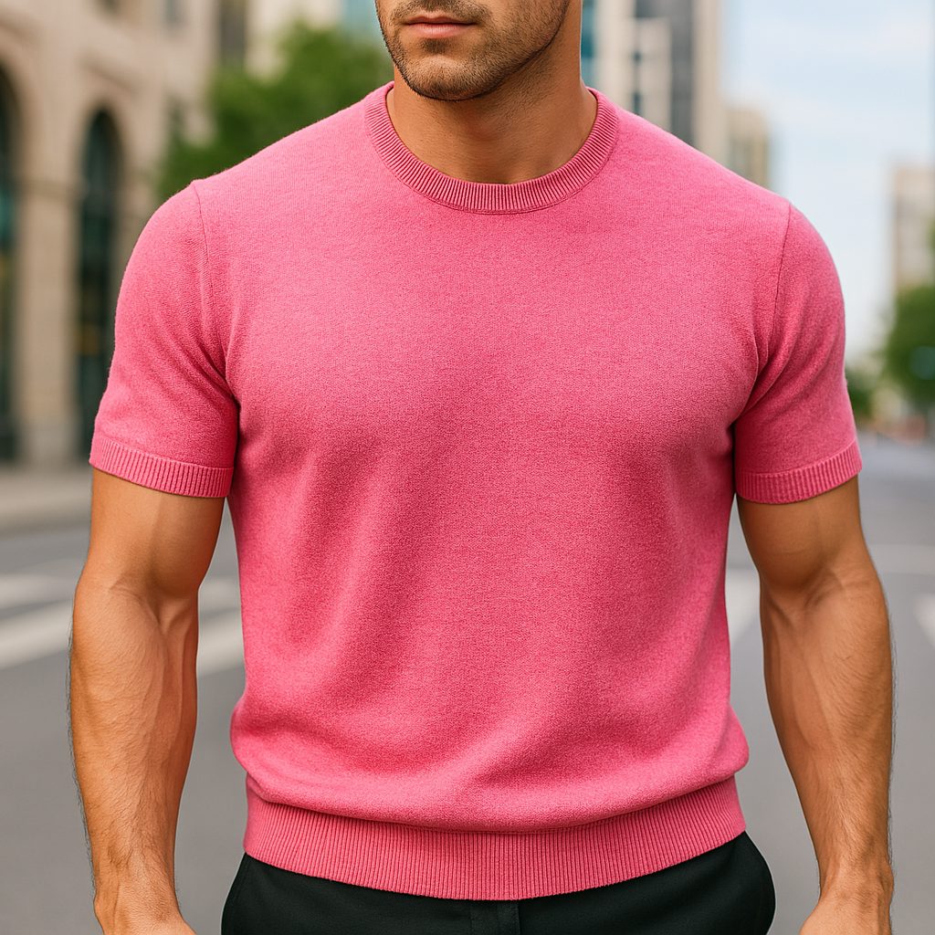 Crew Neck Short Sleeve Merino Cashmere Shirt for Men - Pink