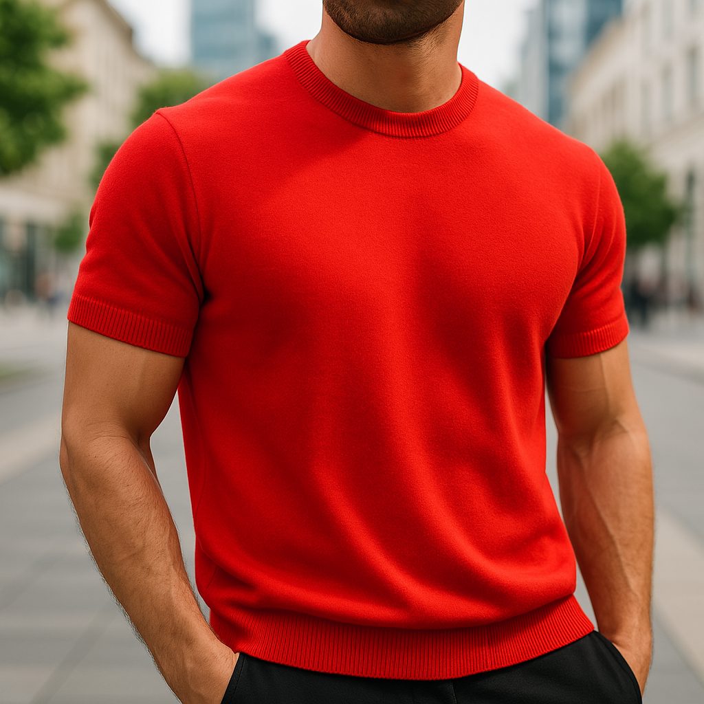 Crew Neck Short Sleeve Merino Cashmere Shirt for Men - Red