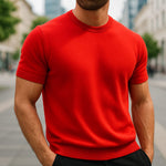 Crew Neck Short Sleeve Merino Cashmere Shirt for Men - Red