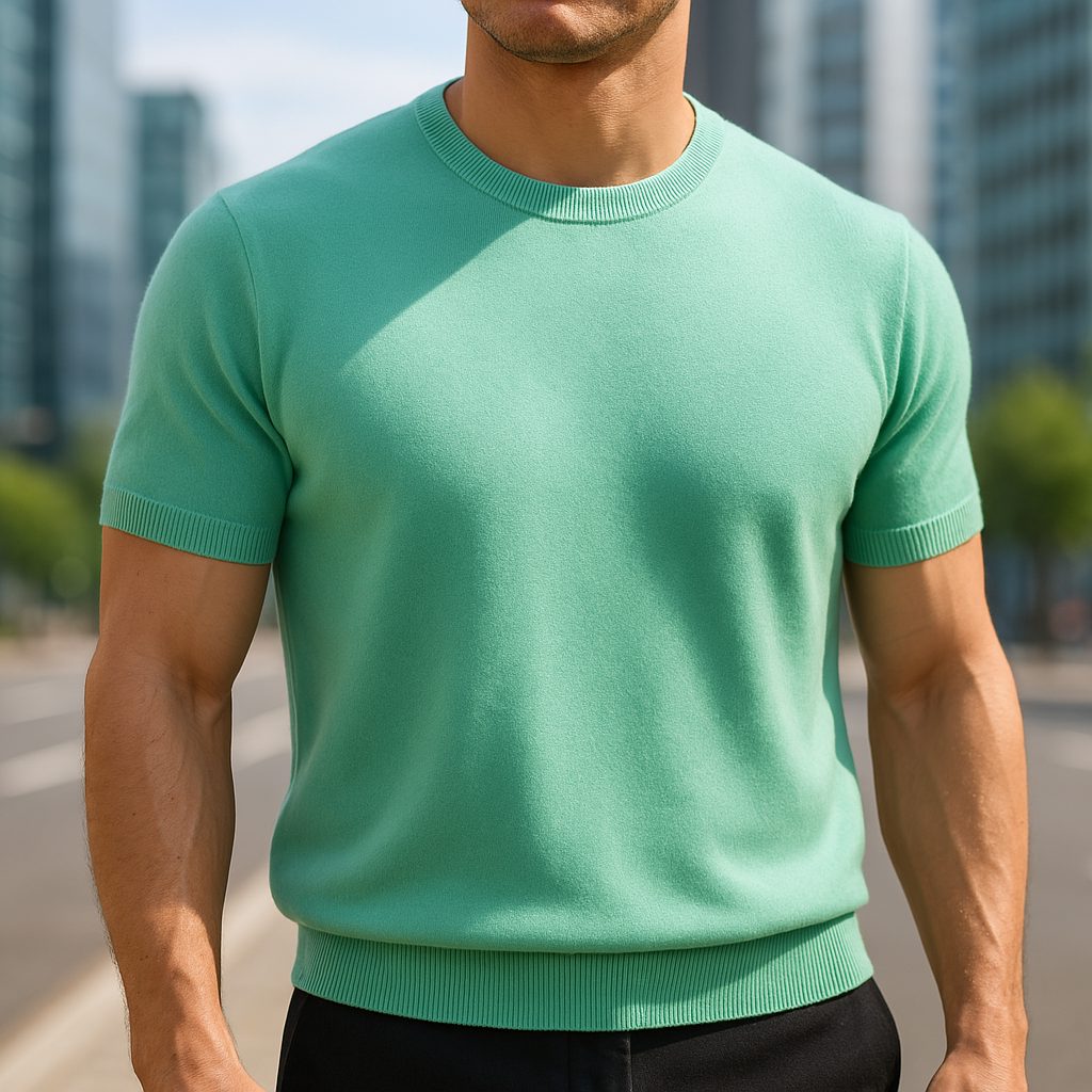 Crew Neck Short Sleeve Merino Cashmere Shirt for Men - Green