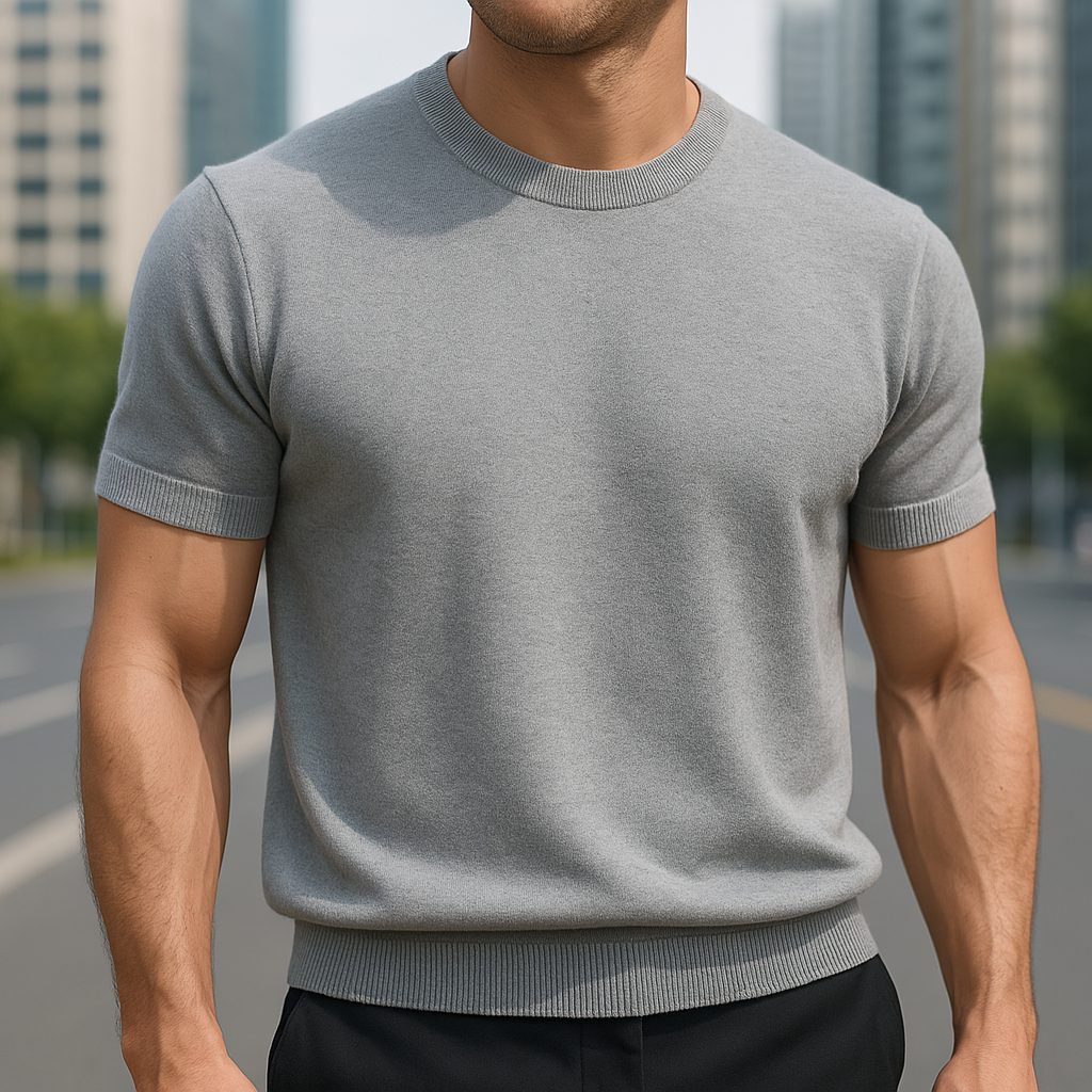 Crew Neck Short Sleeve Merino Cashmere Shirt for Men - Gray