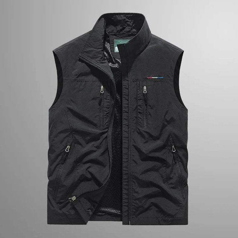Multi-Pocket Zip-Up Vest for Men - Black