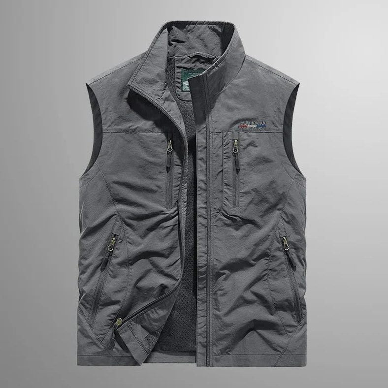 Multi-Pocket Zip-Up Vest for Men - Gray