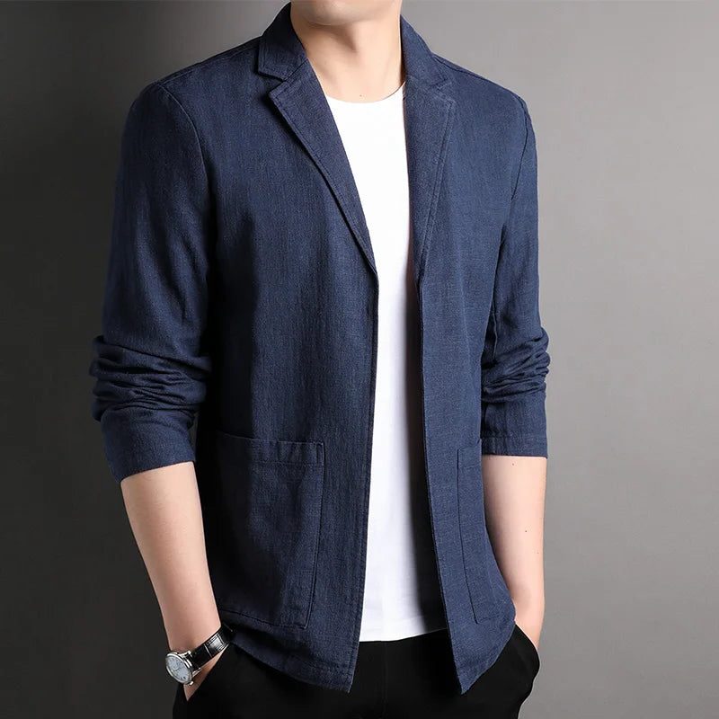 Notch Lapel Linen Blazer for Men - Navy Blue